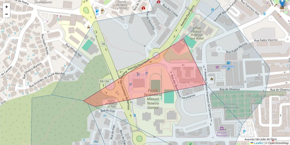 Mapa detalhado do código postal 8500-774 com limites, códigos postais vizinhos e agências dos correios