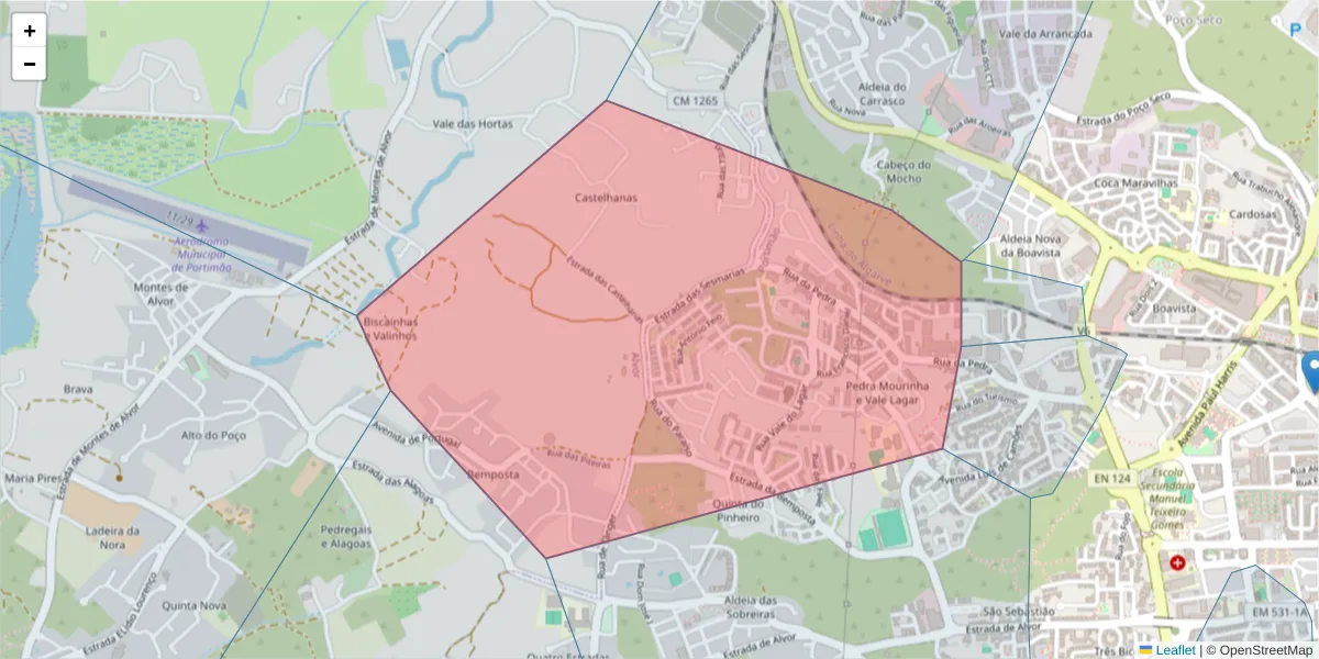 Mapa detalhado do código postal 8500-797 com limites, códigos postais vizinhos e agências dos correios