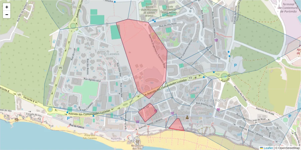 Mapa detalhado do código postal 8500-801 com limites, códigos postais vizinhos e agências dos correios