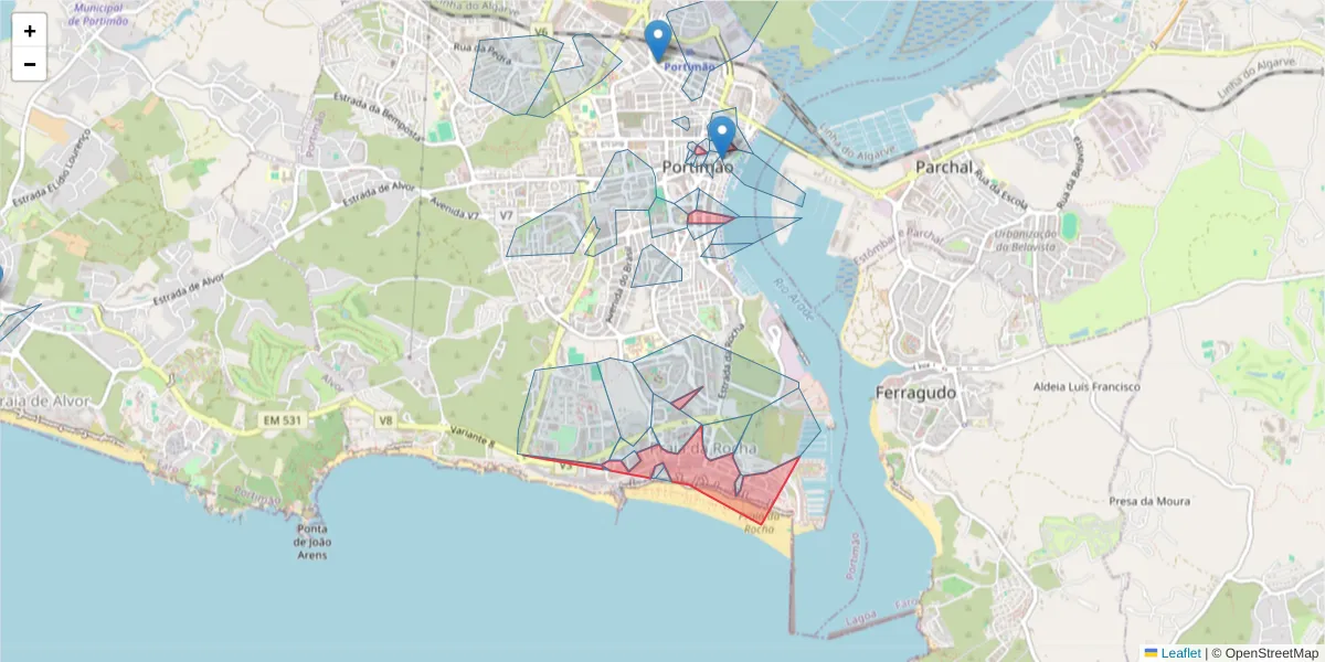 Mapa detalhado do código postal 8500-802 com limites, códigos postais vizinhos e agências dos correios