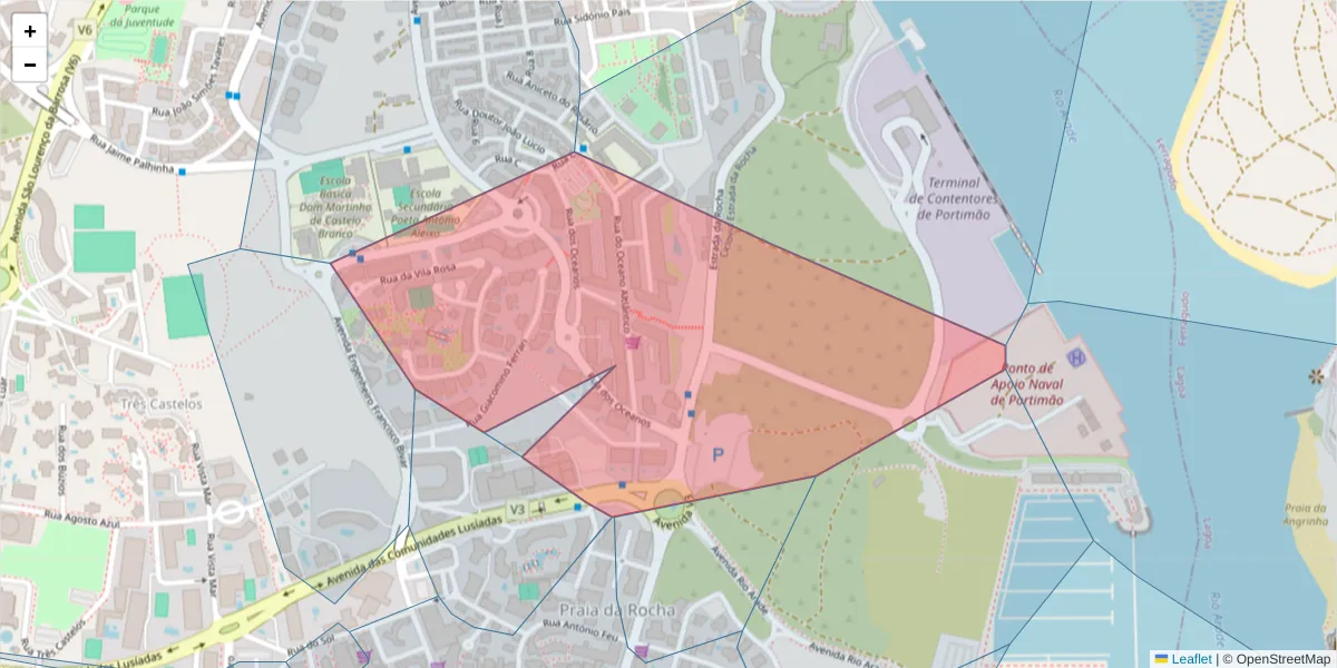 Mapa detalhado do código postal 8500-823 com limites, códigos postais vizinhos e agências dos correios