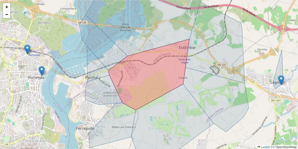 Mapa detalhado do código postal 8501-913 com limites, códigos postais vizinhos e agências dos correios