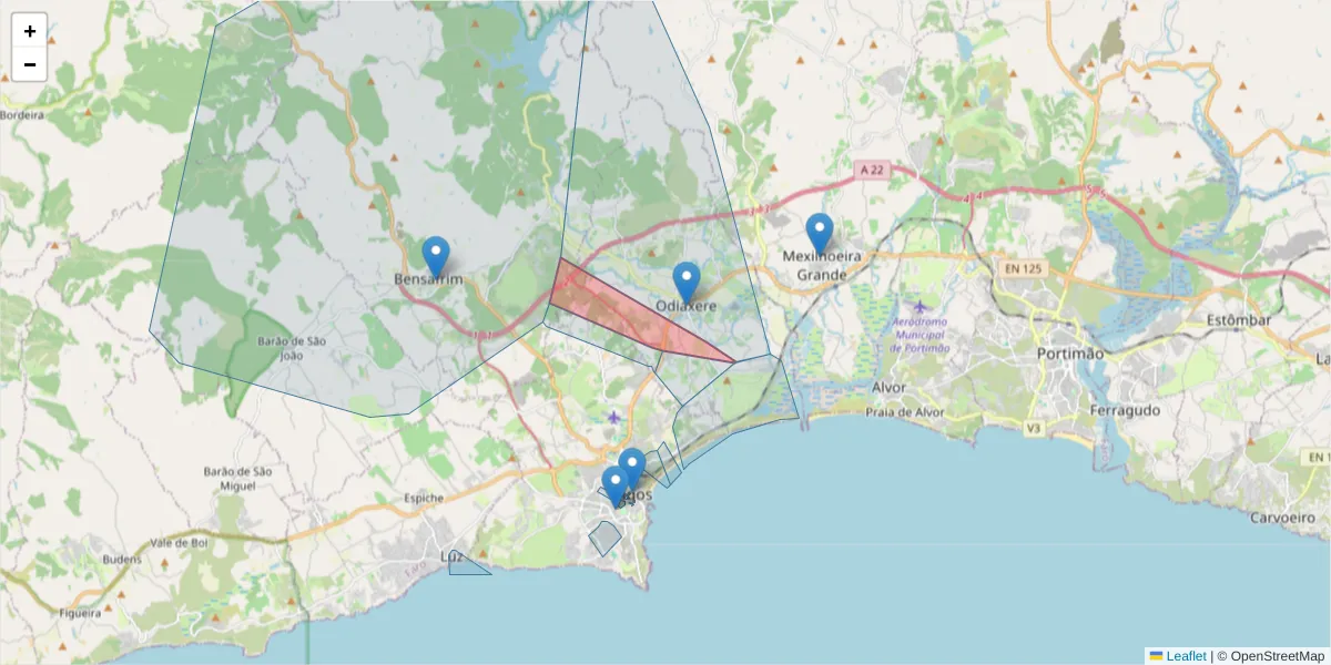 Mapa detalhado do código postal 8600-001 com limites, códigos postais vizinhos e agências dos correios