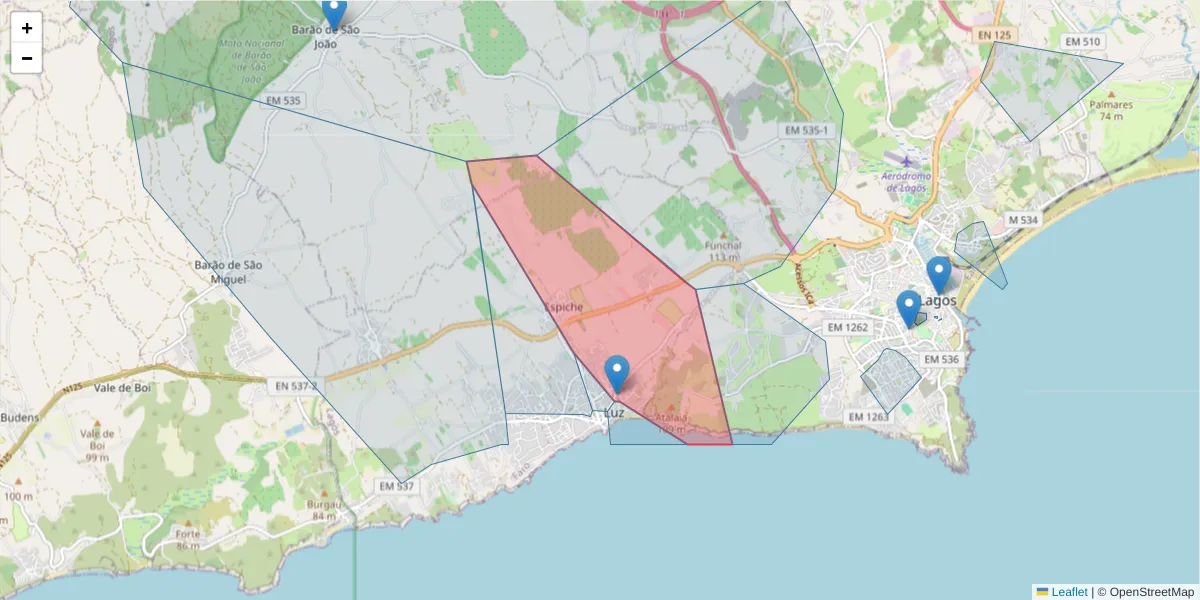 Mapa detalhado do código postal 8600-160 com limites, códigos postais vizinhos e agências dos correios