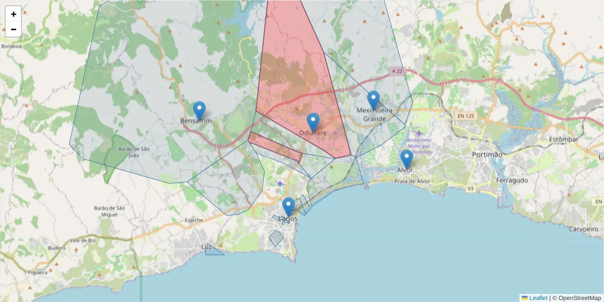 Mapa detalhado do código postal 8600-250 com limites, códigos postais vizinhos e agências dos correios