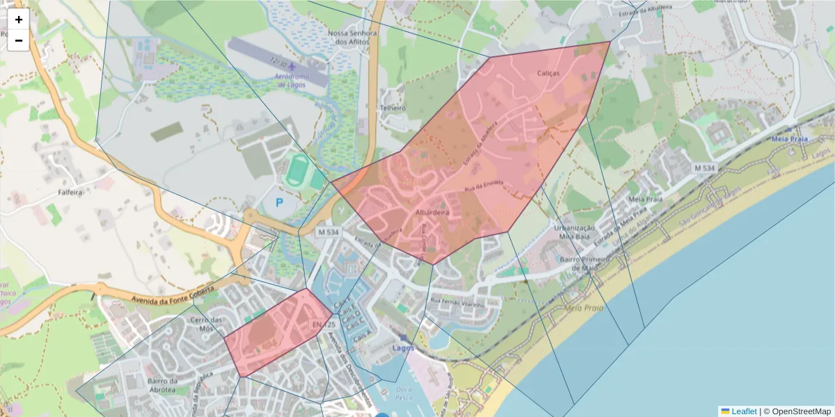 Mapa detalhado do código postal 8600-302 com limites, códigos postais vizinhos e agências dos correios