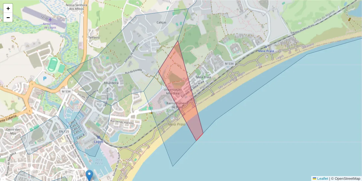 Mapa detalhado do código postal 8600-305 com limites, códigos postais vizinhos e agências dos correios