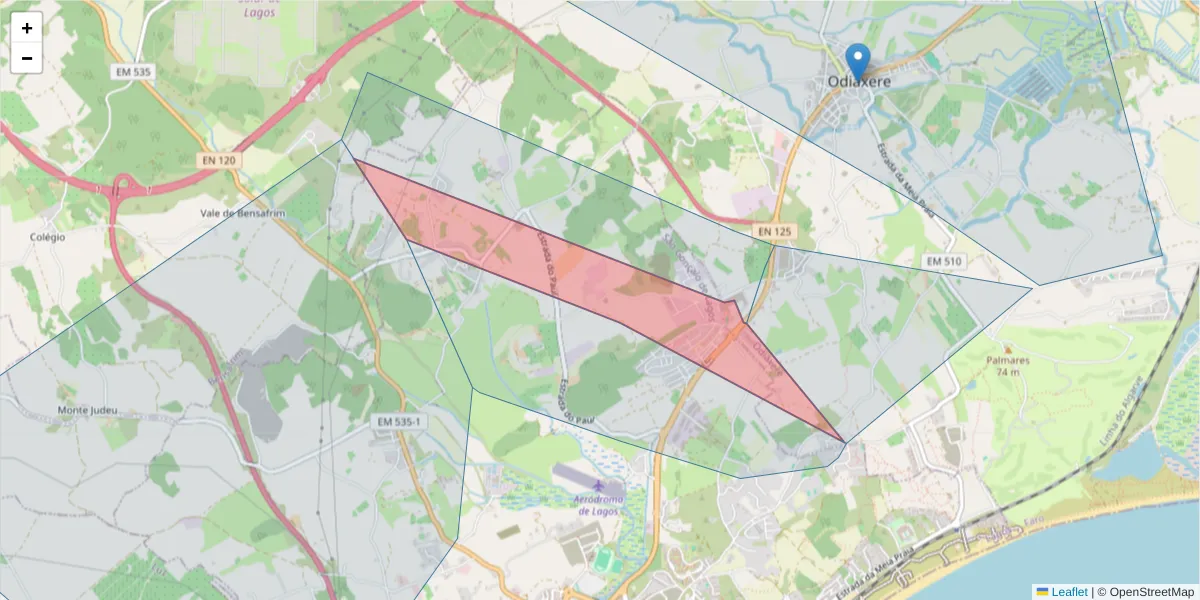Mapa detalhado do código postal 8600-306 com limites, códigos postais vizinhos e agências dos correios