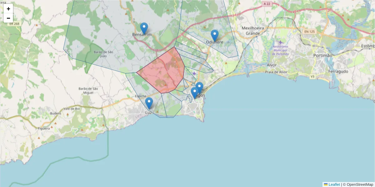 Mapa detalhado do código postal 8600-310 com limites, códigos postais vizinhos e agências dos correios
