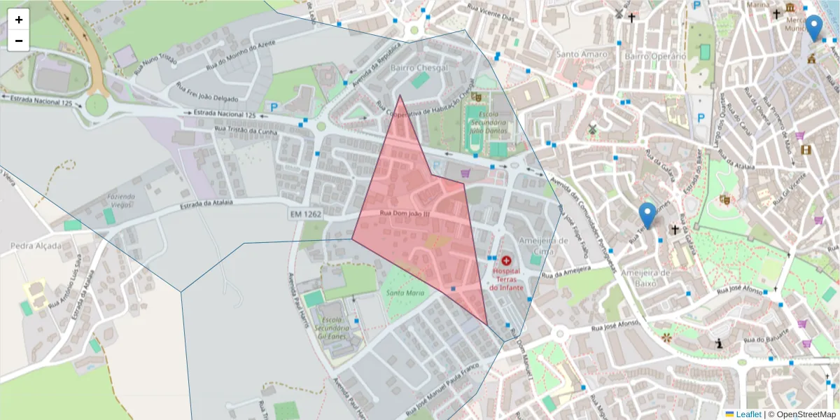 Mapa detalhado do código postal 8600-543 com limites, códigos postais vizinhos e agências dos correios