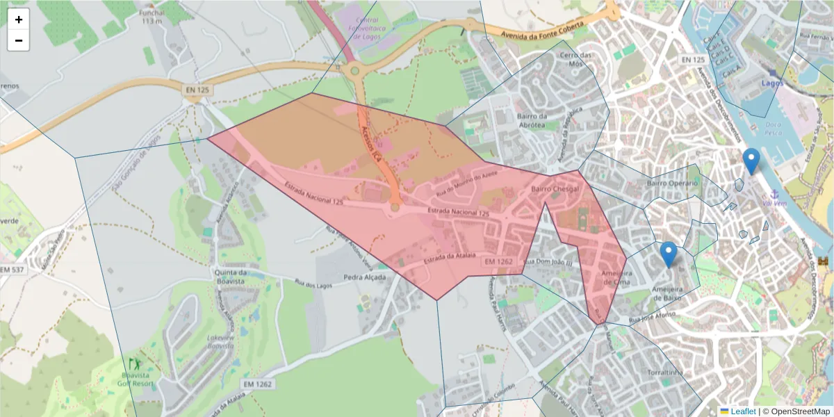 Mapa detalhado do código postal 8600-546 com limites, códigos postais vizinhos e agências dos correios
