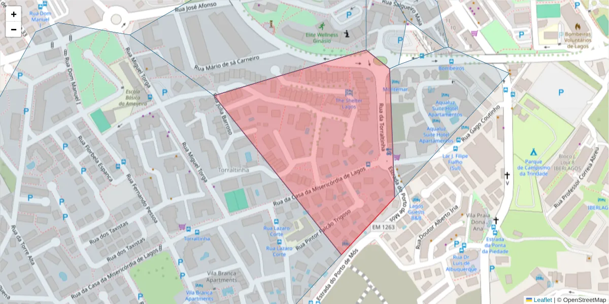 Mapa detalhado do código postal 8600-588 com limites, códigos postais vizinhos e agências dos correios