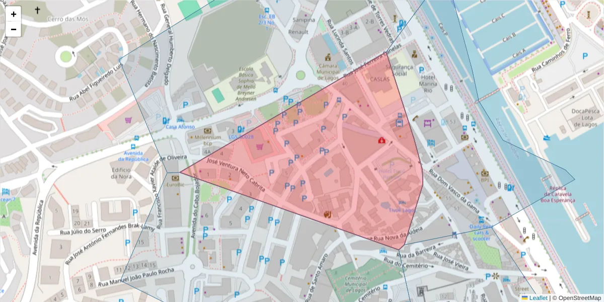 Mapa detalhado do código postal 8600-722 com limites, códigos postais vizinhos e agências dos correios