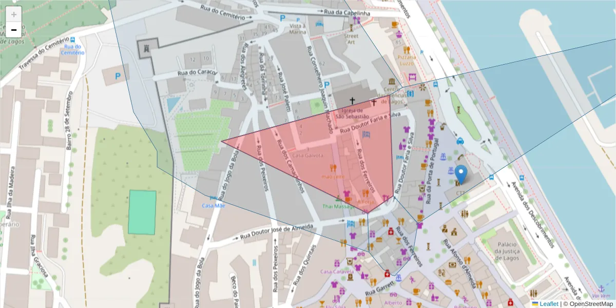Mapa detalhado do código postal 8600-727 com limites, códigos postais vizinhos e agências dos correios