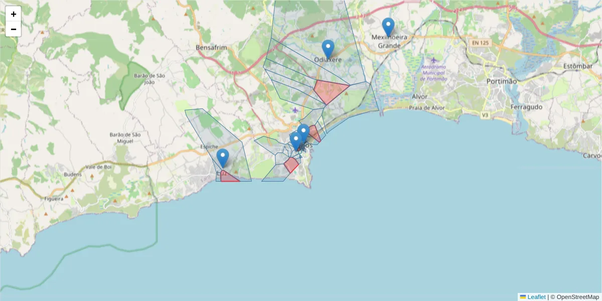 Mapa detalhado do código postal 8600 com limites, códigos postais vizinhos e agências dos correios