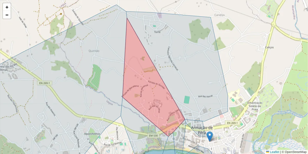 Mapa detalhado do código postal 8635-132 com limites, códigos postais vizinhos e agências dos correios