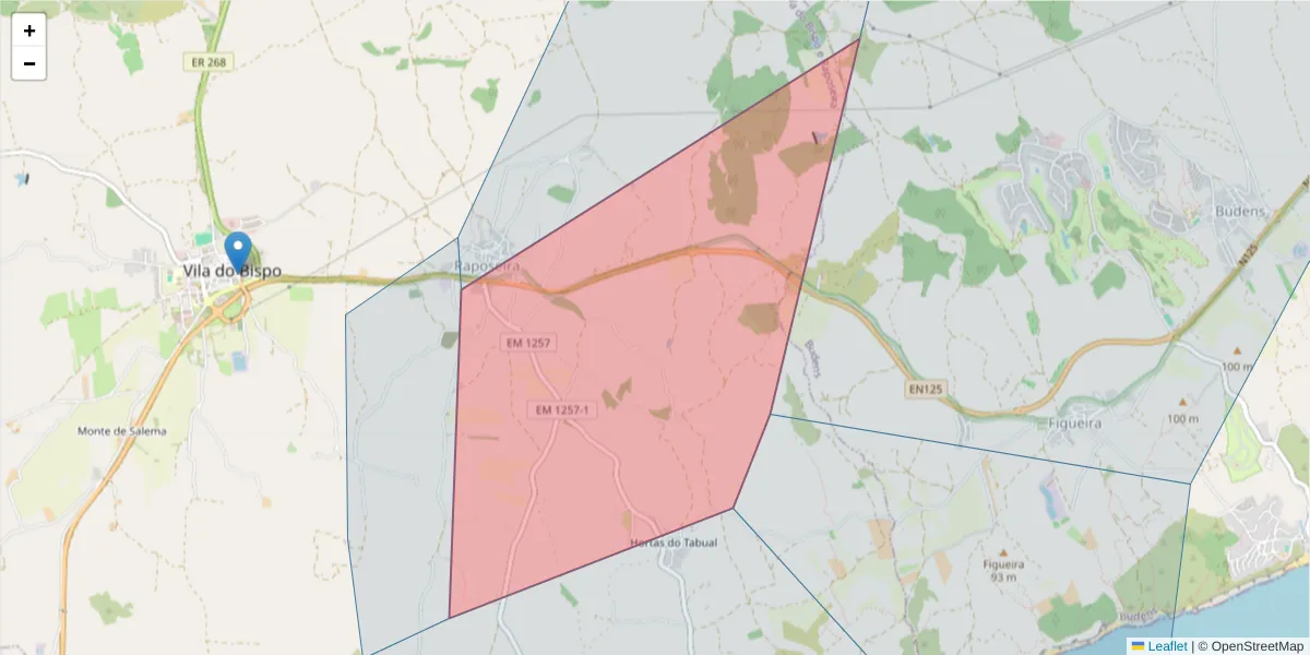 Mapa detalhado do código postal 8650-000 com limites, códigos postais vizinhos e agências dos correios