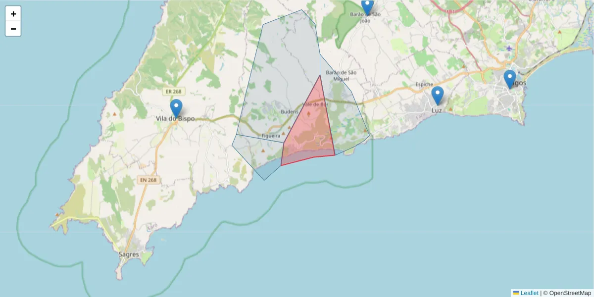 Mapa detalhado do código postal 8650-200 com limites, códigos postais vizinhos e agências dos correios