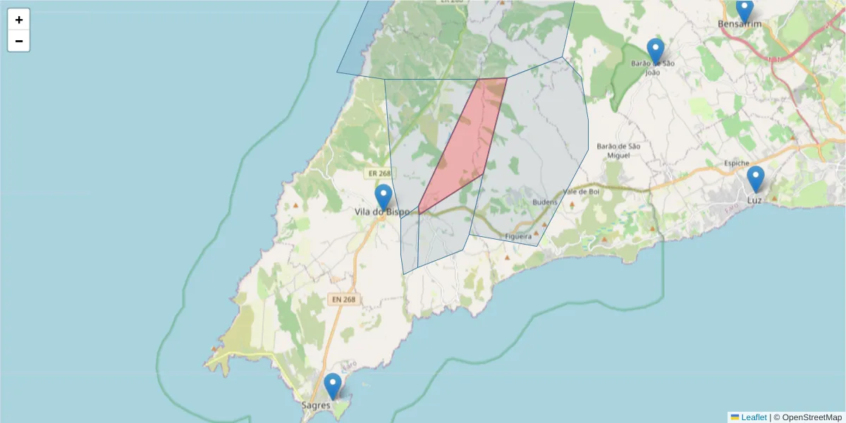 Mapa detalhado do código postal 8650-290 com limites, códigos postais vizinhos e agências dos correios
