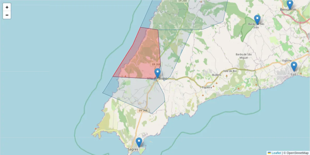Mapa detalhado do código postal 8650-421 com limites, códigos postais vizinhos e agências dos correios