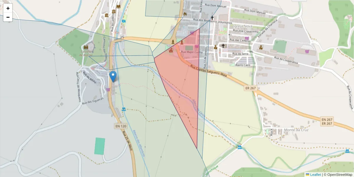 Mapa detalhado do código postal 8670-021 com limites, códigos postais vizinhos e agências dos correios