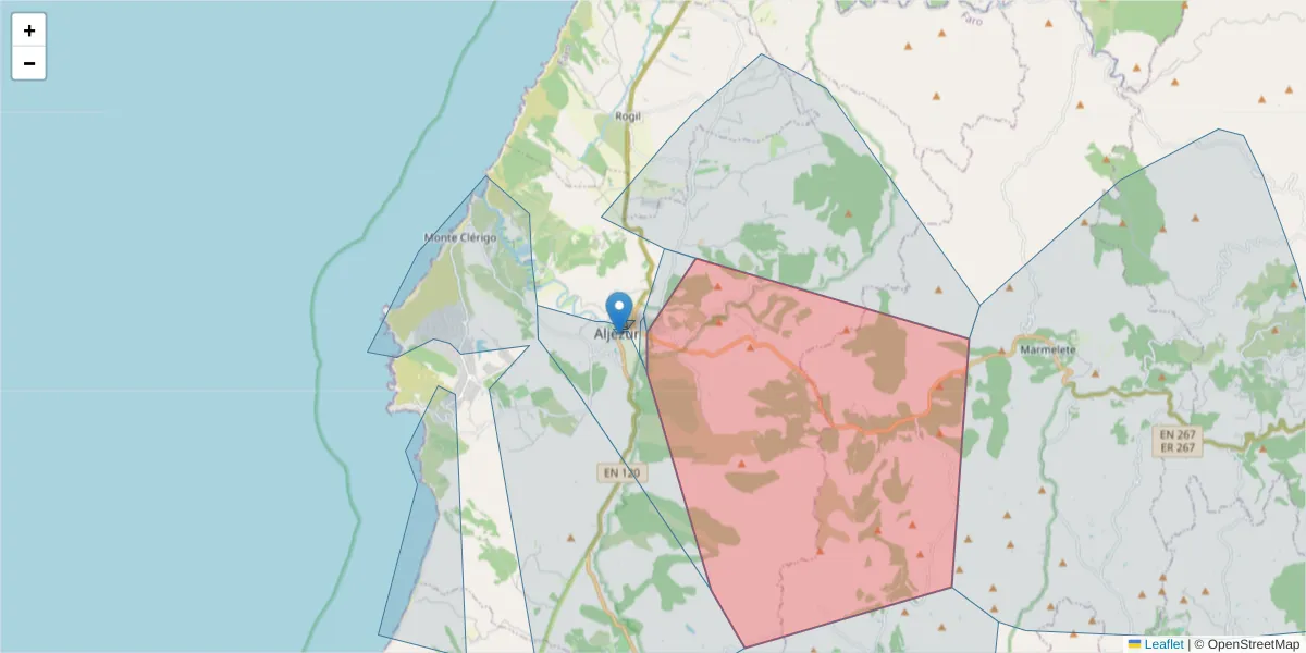 Mapa detalhado do código postal 8670-076 com limites, códigos postais vizinhos e agências dos correios