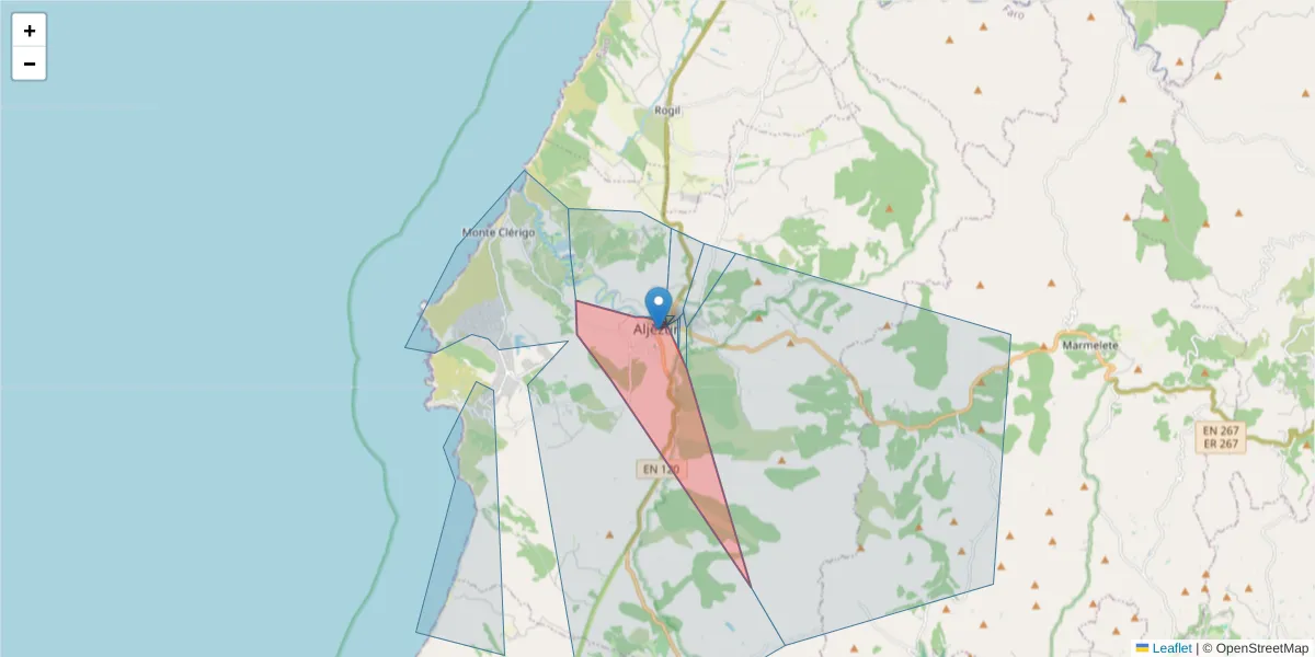 Mapa detalhado do código postal 8670-088 com limites, códigos postais vizinhos e agências dos correios