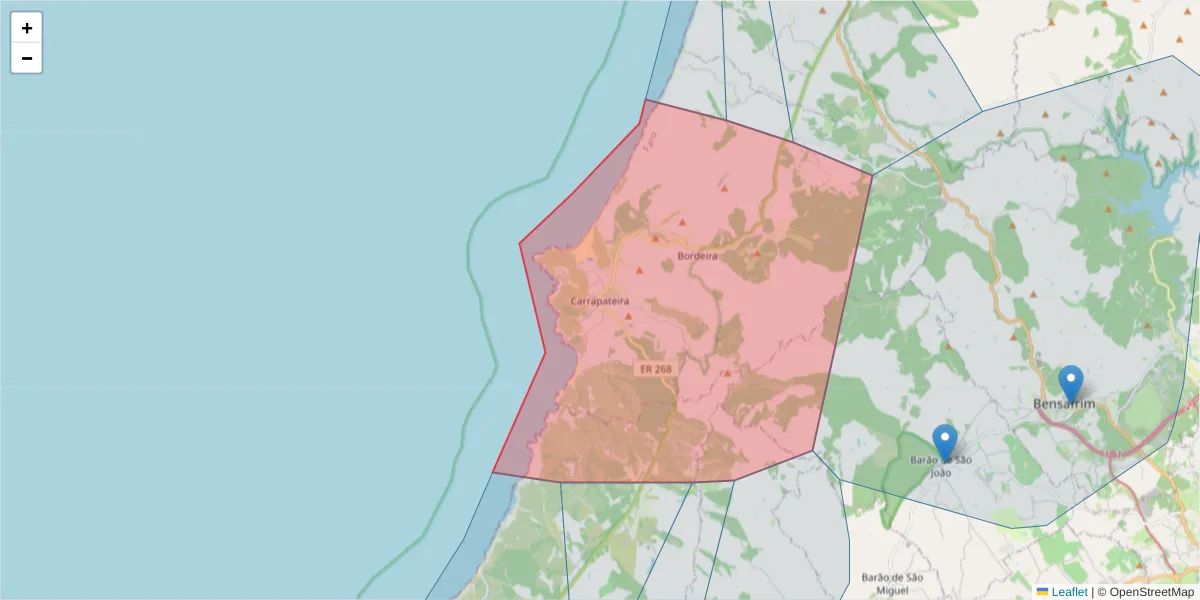 Mapa detalhado do código postal 8670-230 com limites, códigos postais vizinhos e agências dos correios