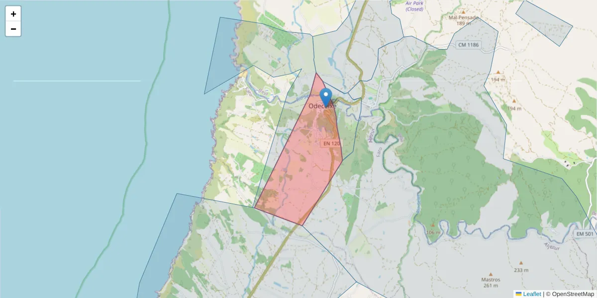 Mapa detalhado do código postal 8670-320 com limites, códigos postais vizinhos e agências dos correios