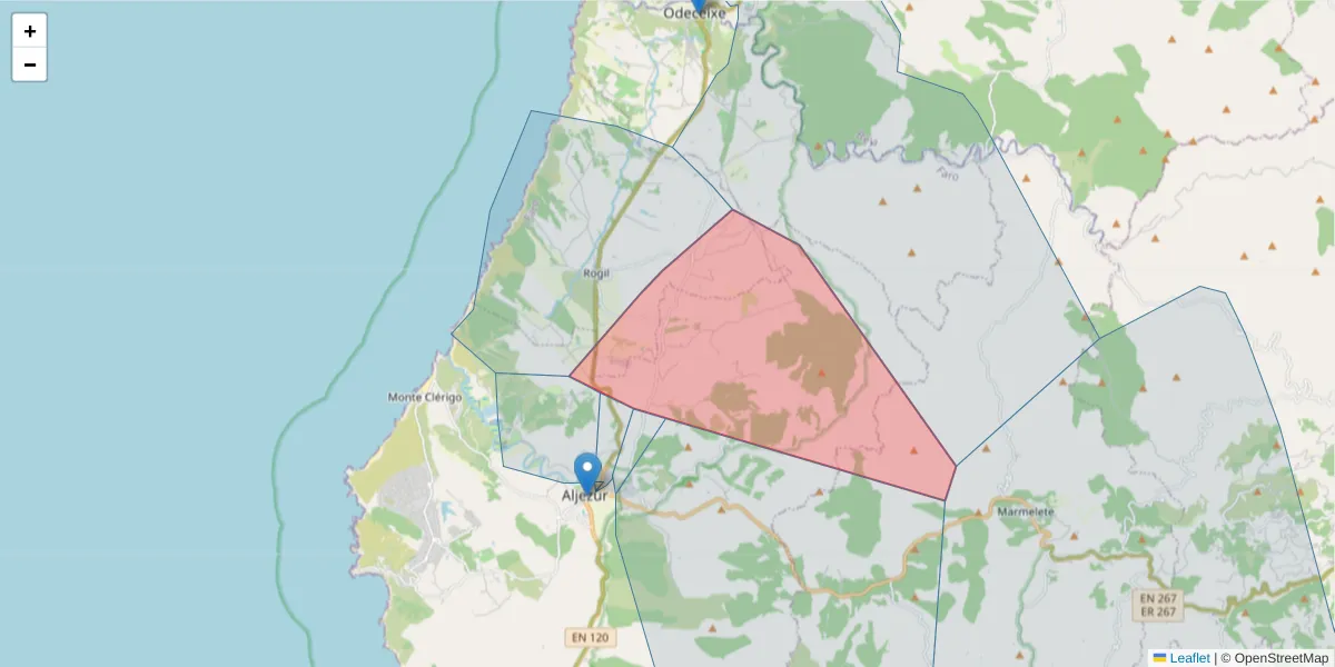 Mapa detalhado do código postal 8670-417 com limites, códigos postais vizinhos e agências dos correios