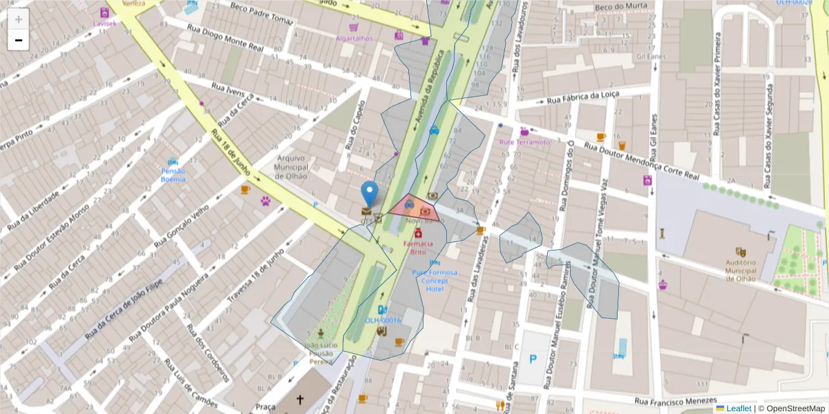 Mapa detalhado do código postal 8700-002 com limites, códigos postais vizinhos e agências dos correios