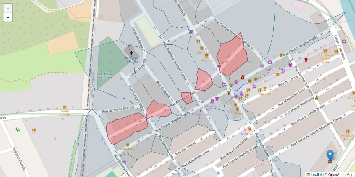 Mapa detalhado do código postal 8700-014 com limites, códigos postais vizinhos e agências dos correios