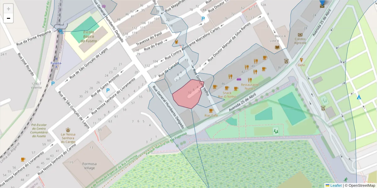 Mapa detalhado do código postal 8700-022 com limites, códigos postais vizinhos e agências dos correios