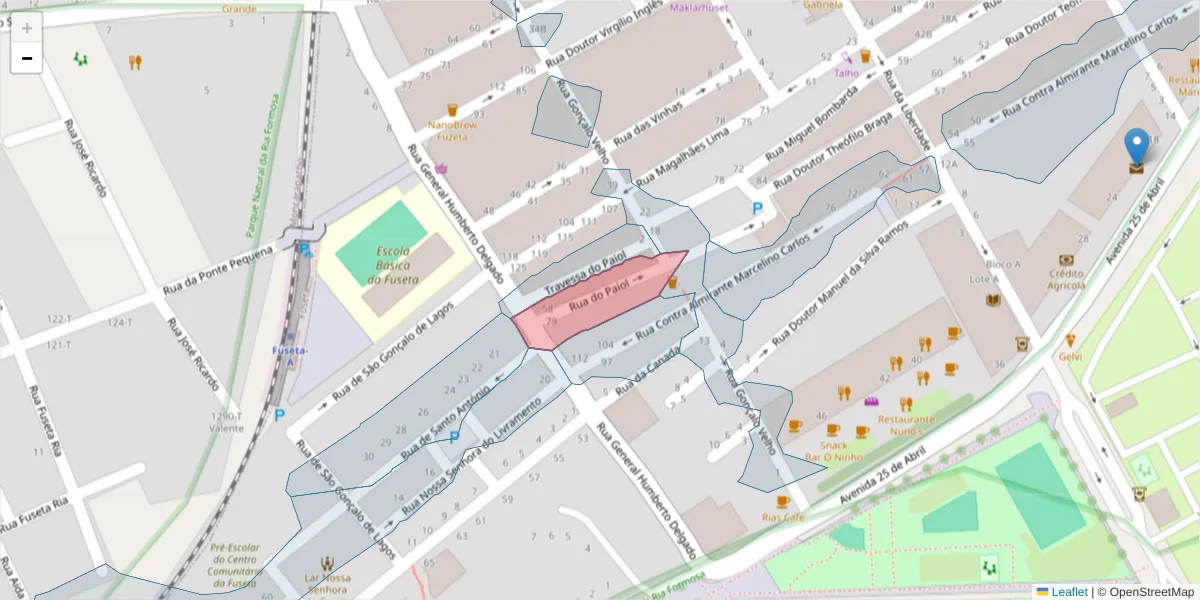 Mapa detalhado do código postal 8700-029 com limites, códigos postais vizinhos e agências dos correios