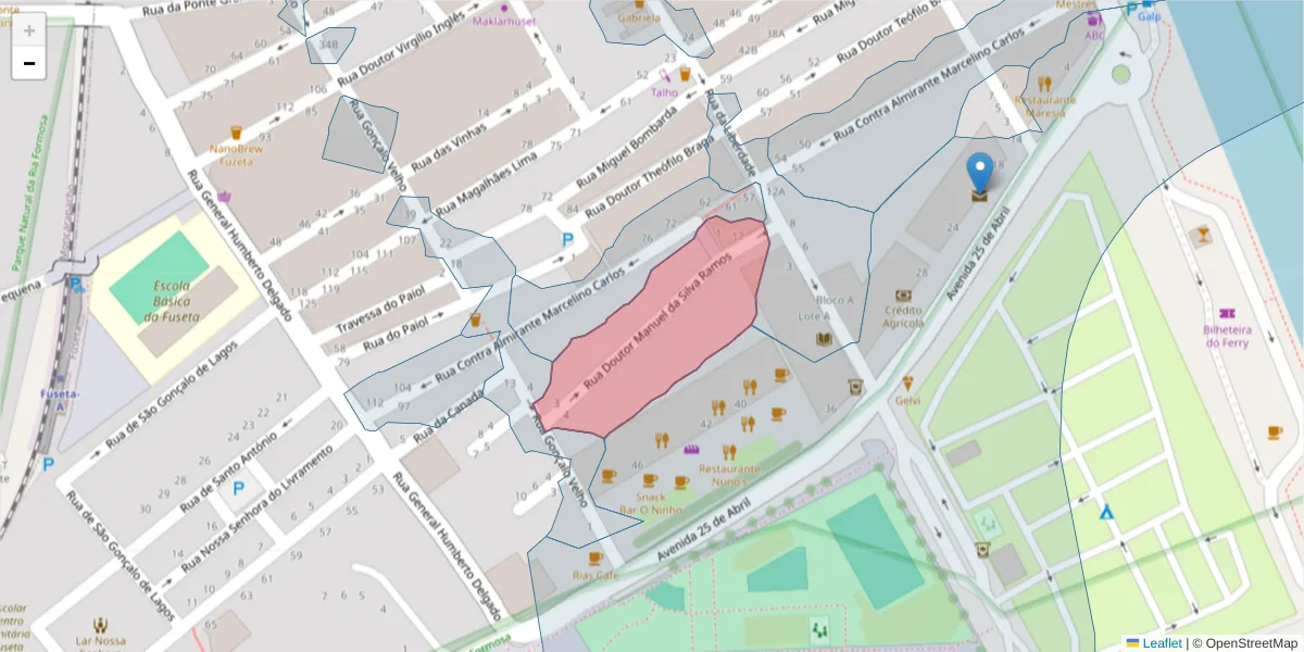 Mapa detalhado do código postal 8700-030 com limites, códigos postais vizinhos e agências dos correios