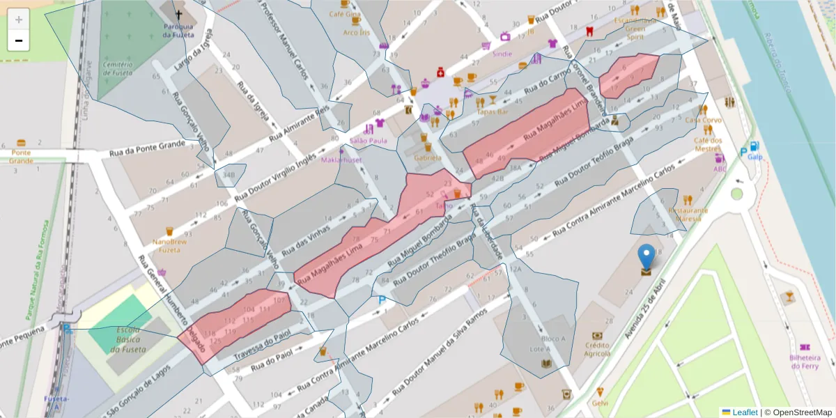 Mapa detalhado do código postal 8700-036 com limites, códigos postais vizinhos e agências dos correios