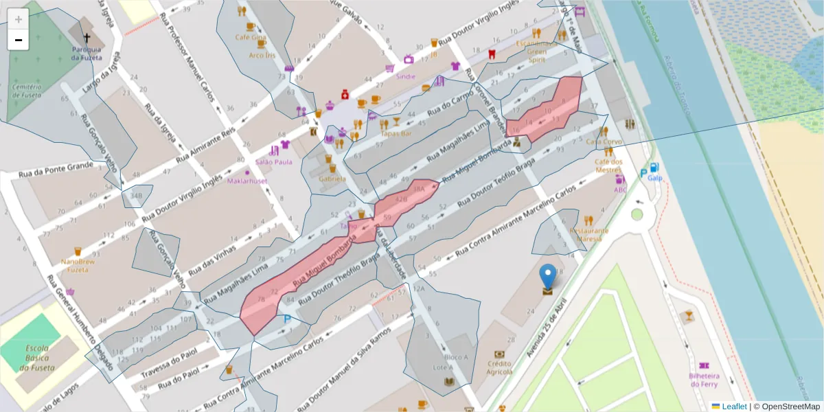Mapa detalhado do código postal 8700-037 com limites, códigos postais vizinhos e agências dos correios