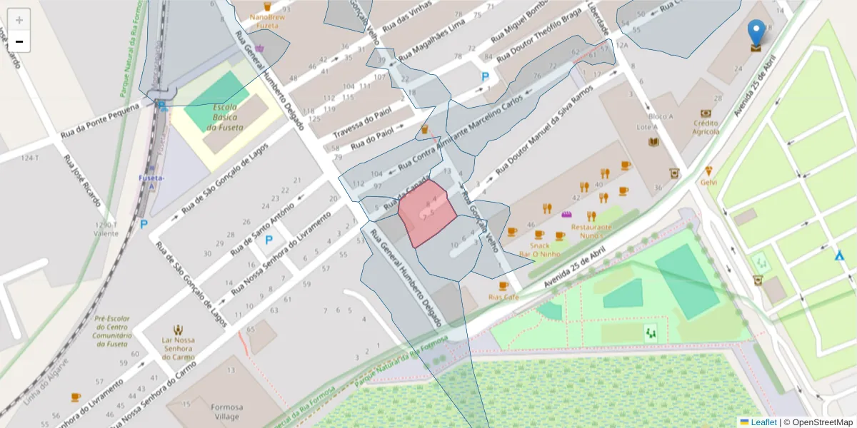 Mapa detalhado do código postal 8700-042 com limites, códigos postais vizinhos e agências dos correios