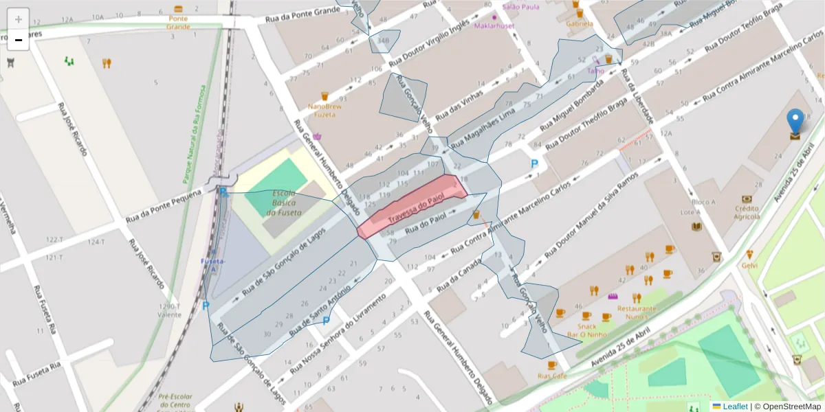Mapa detalhado do código postal 8700-043 com limites, códigos postais vizinhos e agências dos correios