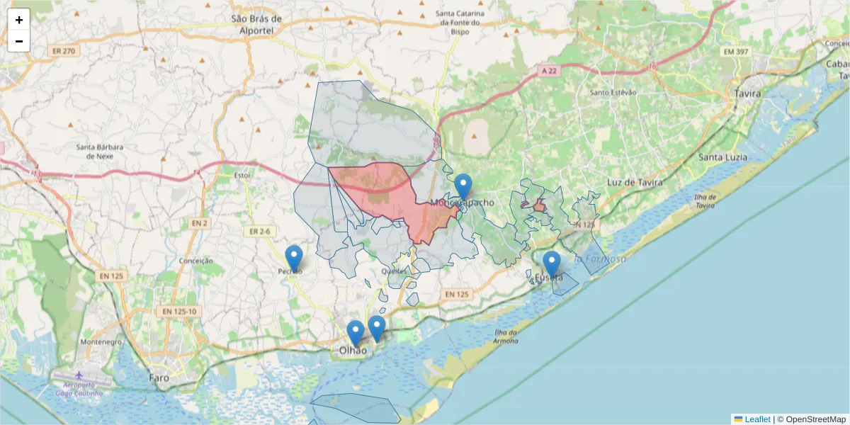 Mapa detalhado do código postal 8700-072 com limites, códigos postais vizinhos e agências dos correios