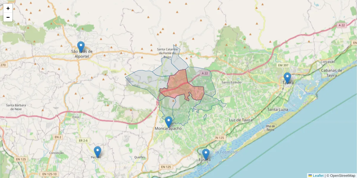 Mapa detalhado do código postal 8700-073 com limites, códigos postais vizinhos e agências dos correios