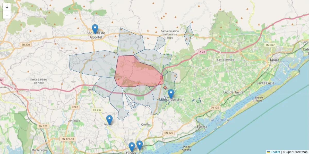 Mapa detalhado do código postal 8700-076 com limites, códigos postais vizinhos e agências dos correios