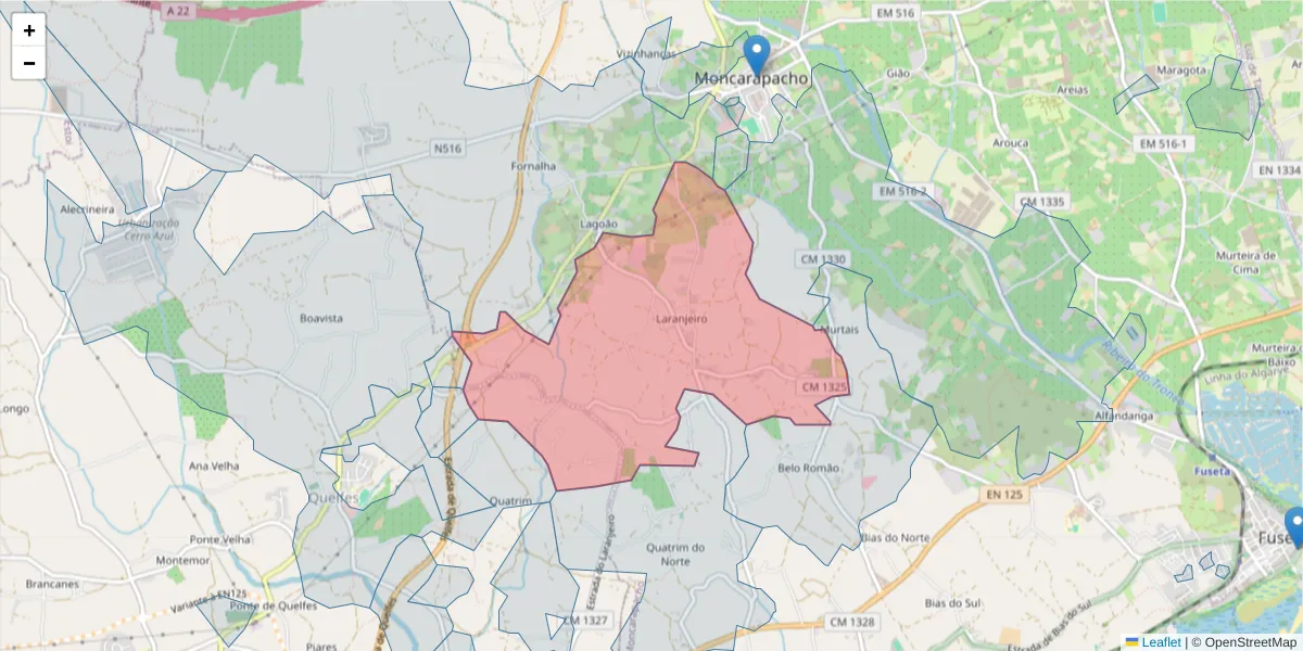 Mapa detalhado do código postal 8700-077 com limites, códigos postais vizinhos e agências dos correios