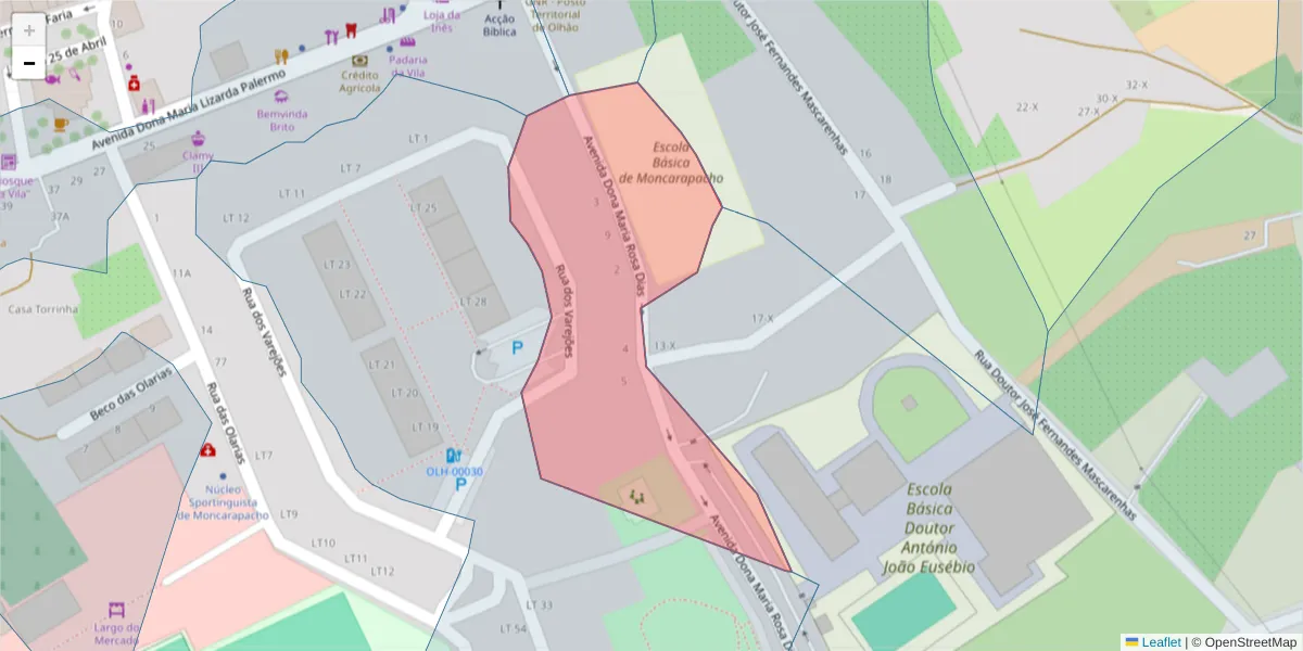Mapa detalhado do código postal 8700-082 com limites, códigos postais vizinhos e agências dos correios