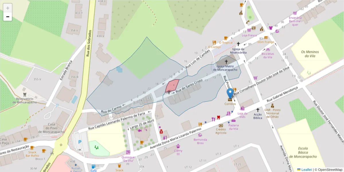 Mapa detalhado do código postal 8700-083 com limites, códigos postais vizinhos e agências dos correios