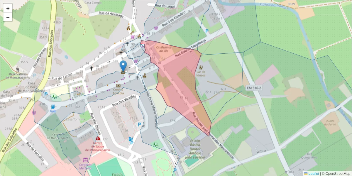 Mapa detalhado do código postal 8700-088 com limites, códigos postais vizinhos e agências dos correios