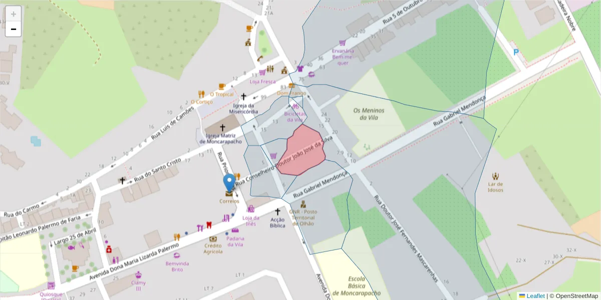 Mapa detalhado do código postal 8700-092 com limites, códigos postais vizinhos e agências dos correios