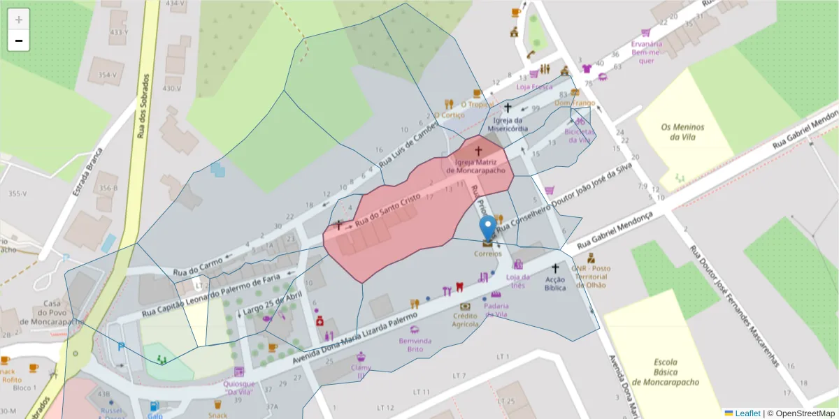 Mapa detalhado do código postal 8700-095 com limites, códigos postais vizinhos e agências dos correios