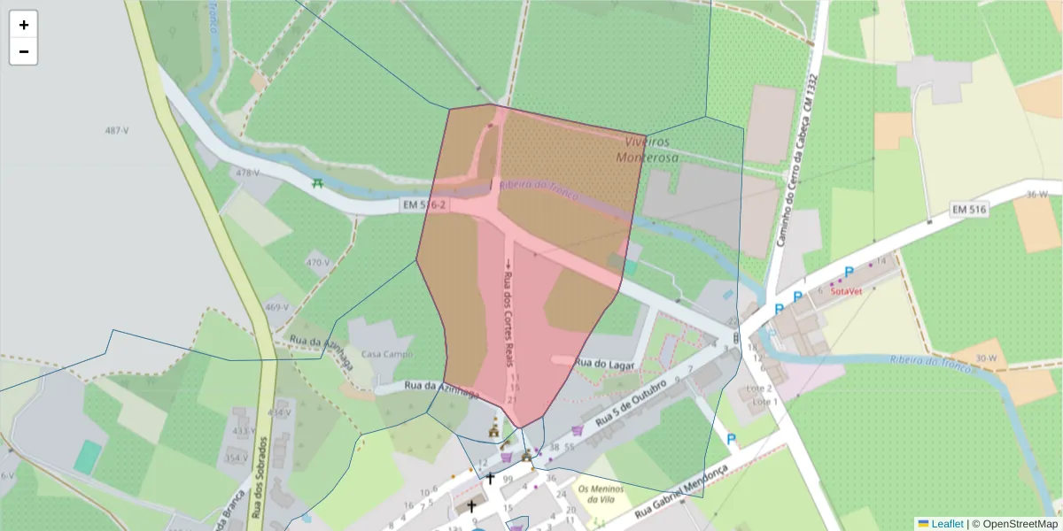 Mapa detalhado do código postal 8700-097 com limites, códigos postais vizinhos e agências dos correios