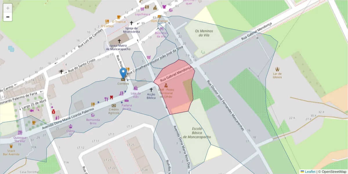 Mapa detalhado do código postal 8700-098 com limites, códigos postais vizinhos e agências dos correios
